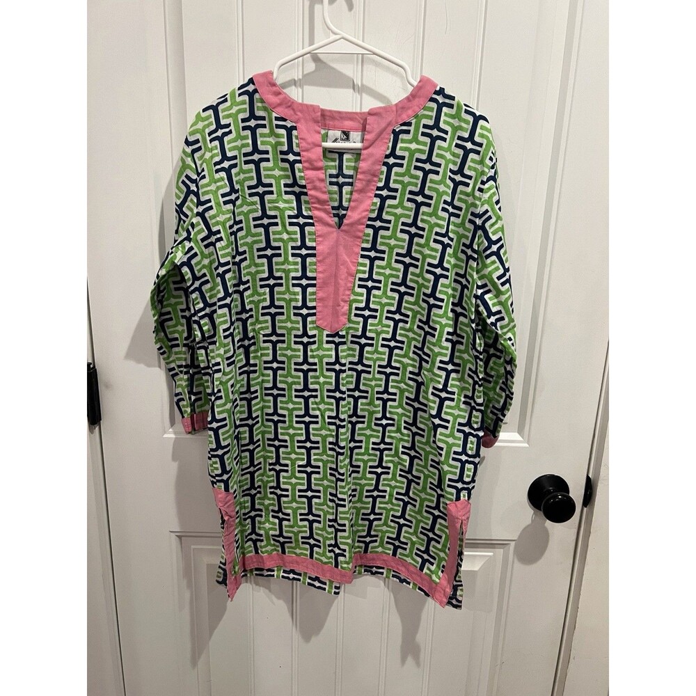 Malabar Bay Organic Cotton Tunic M Blue Green Geometric Print Pink Trim 3/4 Slee